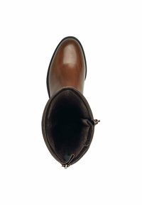 Brown leather ankle boot with a rounded toe and a smooth finish. The interior is lined, and a zipper is visible on the side.