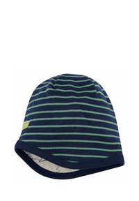 Cappello a righe di colore blu scuro con righe orizzontali verde chiaro, realizzato in tessuto morbido. Presenta un orlo risvoltato e una piccola etichetta con logo.