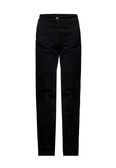 Zwarte uitlopende broek van zacht suede, met een hoge taille, frontzakken en opvallende naaddetails voor een gestructureerde pasvorm.