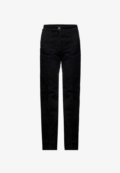 Zwarte uitlopende broek van zacht suede, met een hoge taille, frontzakken en opvallende naaddetails voor een gestructureerde pasvorm.