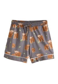 Grå bomuldsshorts med snøre i taljen, dekoreret med et gentaget mønster af brune højlandskvæg og grønne græsdetaljer, udført med hvid piping.