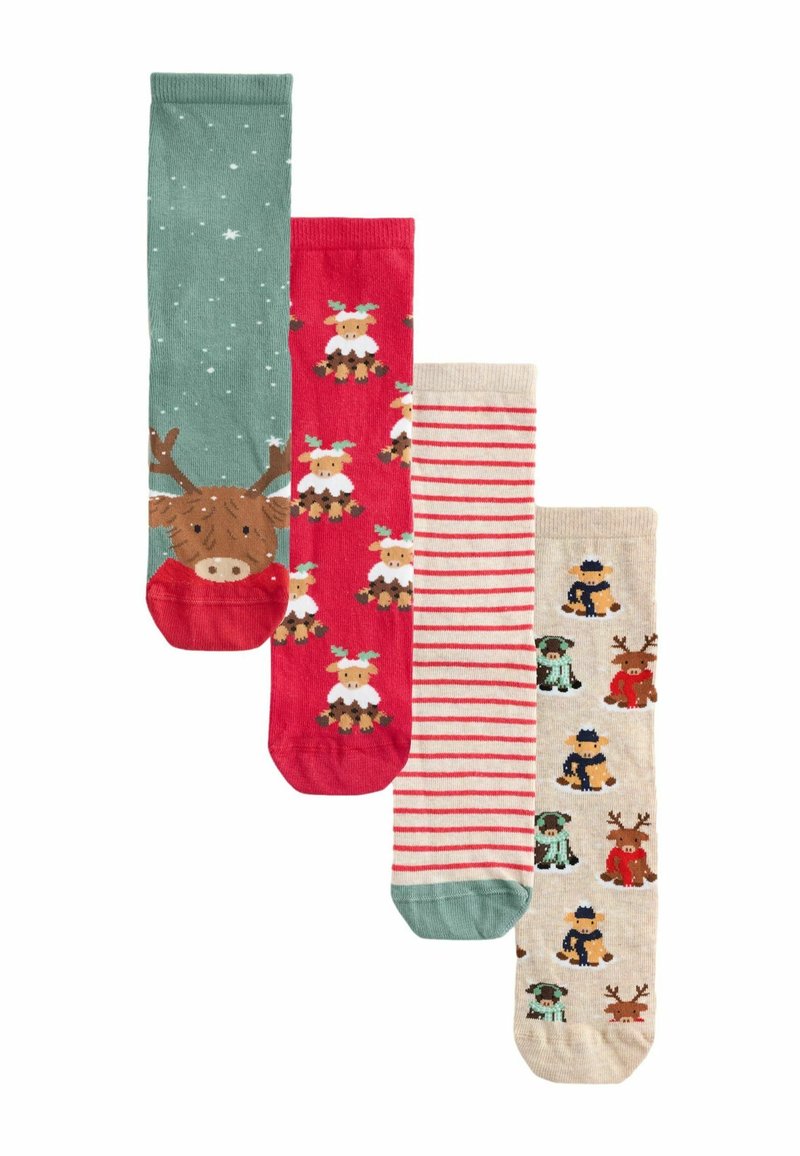 Vier paar sokken: groen met een rendiergezicht, rood met een rendierpatroon, beige met kleurrijke dierenillustraties en gestreept beige en rood.
