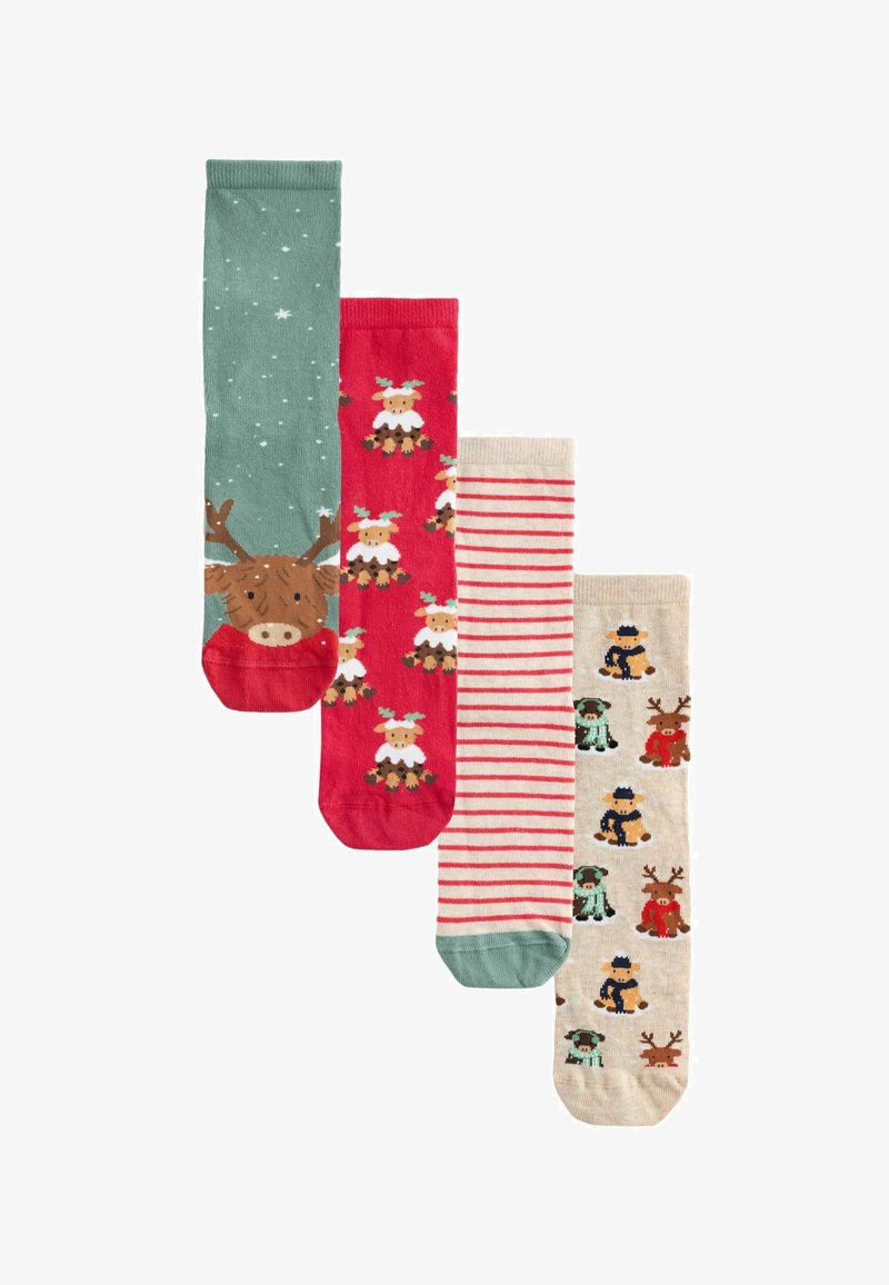 Vier paar sokken: groen met een rendiergezicht, rood met een rendierpatroon, beige met kleurrijke dierenillustraties en gestreept beige en rood.