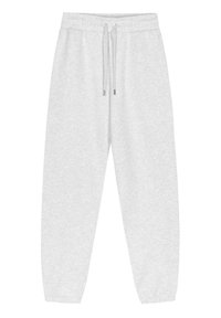 Lys grå joggebukser laget av mykt stoff, med elastisk midje og snøring, smalnende benender og uten synlige mønstre.