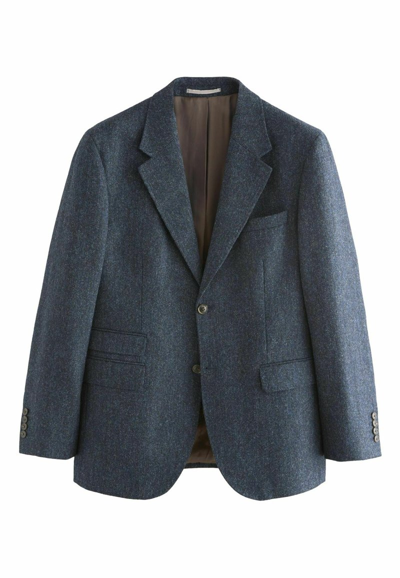 Blazer azul oscuro hecho de lana texturada, con dos bolsillos delanteros, un bolsillo en el pecho y un forro marrón suave. Cierre de dos botones.