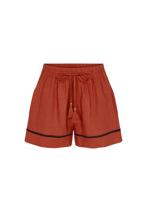 Linnen short in roestkleur met elastische tailleband, vooraan aantrekkoord met kwastjes en zwarte zoom.