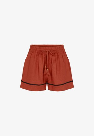 Leinen-Shorts in Rostfarbe mit elastischem Bund, vorderer Kordelzug mit Quasten und schwarzem Besatz nahe dem Saum.