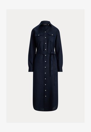 Tumesinine triiksärk-kleit, millel on pikkade varrukatega, ees nööbitav, vöökohal vöö, krae ja kaks rinnataskut klapiga.