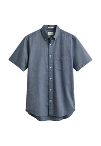 Chemise bleue à manches courtes avec boutons, poche avant et col boutonné, présentée sur fond blanc.