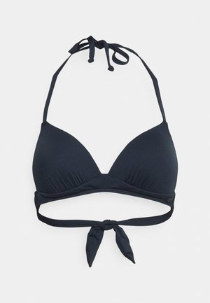 Navy blue bikini top with triangular cups and halter neck ties. Features cutout underband with a tied detail at the back. Smooth textured fabric.