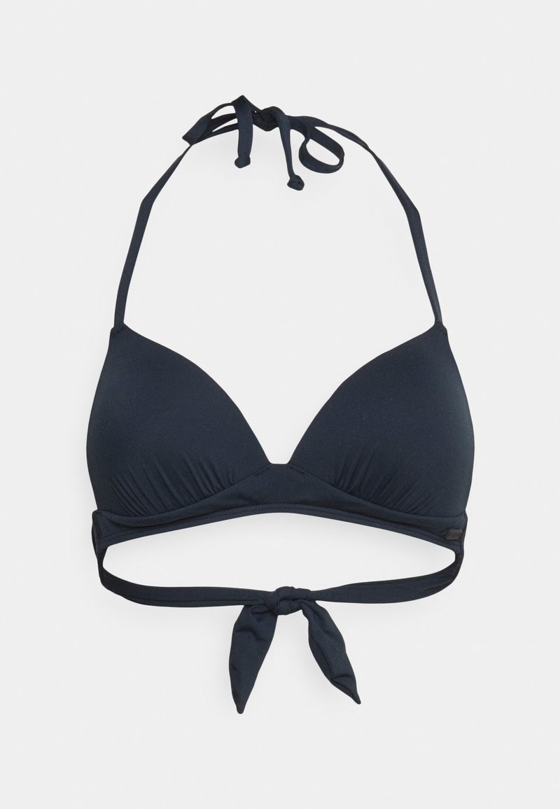 Granatowy biustonosz bikini z trójkątnymi miseczkami i zawiązywanym na szyi. Posiada wycięcie na pasku z zawiązanym detalem z tyłu. Gładka tekstura materiału.