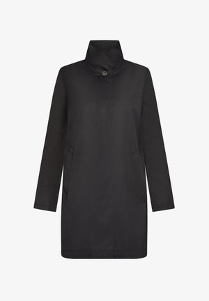 Manteau noir à manches longues avec un col montant, doté d'une fermeture à un seul bouton et de poches latérales. Tissu lisse et mat, design minimaliste.