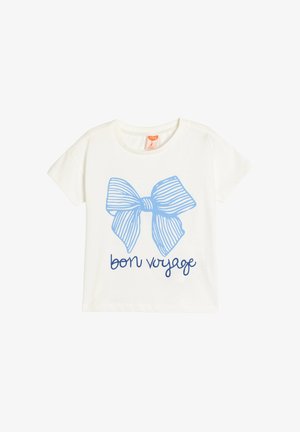 Valkoinen puuvillapaita, jossa on siniraitainen solmukuva ja teksti "bon voyage" sinisellä kursiivilla alapuolella. Lyhyet hihat, rento malli.