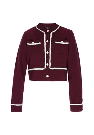 Cárdigan corto burdeos con ribete blanco, dos bolsillos de parche y botones perlados. Tejido suave con mangas largas y puños acanalados.