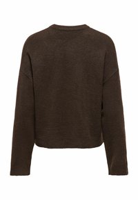 Dunkelbrauner, gestrickter Pullover mit langen Ärmeln, abgesenkten Schultern und leicht verkürztem, geraden Saum, von hinten gezeigt.