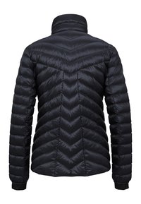 Schwarze, wattierte Jacke mit hohem Kragen, im Chevron-Steppdesign, mit Reißverschluss und elastischen Bündchen. Weiches, leichtes Material.