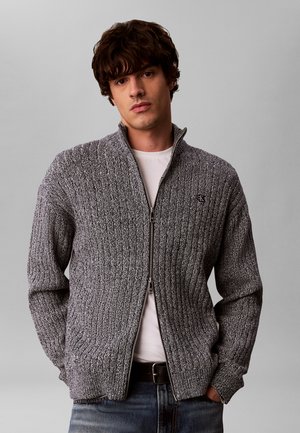 Junger Mann mit dunklem Haar, der einen grauen Strickpullover mit Reißverschluss über einem weißen Hemd und blauen Jeans vor einem schlichten hellen Hintergrund trägt.