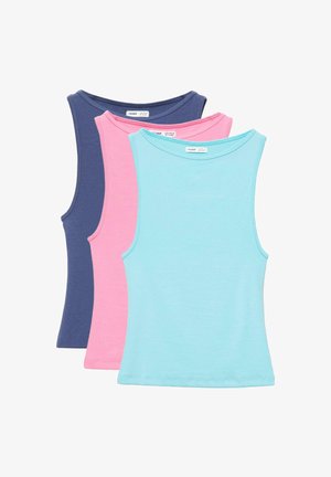 Trois débardeurs en coton sans manches en bleu, rose et bleu clair, empilés et présentés sur un fond blanc.