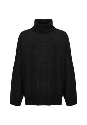 Schwarzer Rollkragenpullover aus leichtem Strickmaterial, mit einer lockeren Passform, weiten Ärmeln und gerippten Akzenten am Kragen und Saum.