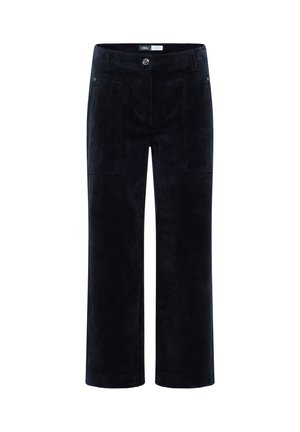 Pantalons en velours côtelé bleu marine avec une coupe droite, dotés de deux poches avant et d'une fermeture à bouton argenté au niveau de la taille.