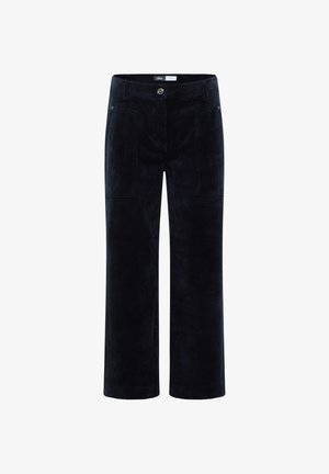 Pantalons en velours côtelé bleu marine avec une coupe droite, dotés de deux poches avant et d'une fermeture à bouton argenté au niveau de la taille.