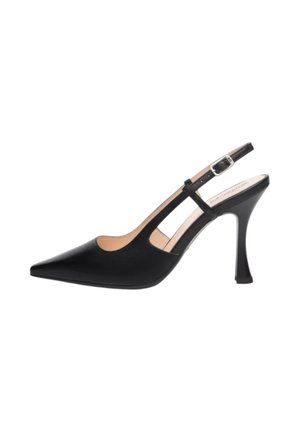 Scarpa con tacco alto a punta in pelle nera, con cinturino slingback regolabile con fibbia e tacco stiletto stretto.