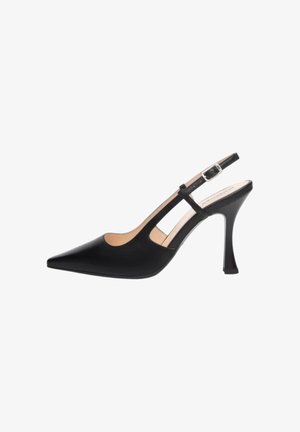 Scarpa con tacco alto a punta in pelle nera, con cinturino slingback regolabile con fibbia e tacco stiletto stretto.