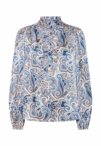 Blusa a maniche lunghe in stampa paisley blu e pesco. Presenta un colletto alto arricciato e dettagli a bottoni sul davanti. Realizzata in un tessuto morbido e leggero.