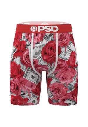 Herren-Boxershorts mit Muster aus roten und rosa Rosen und US-Dollar-Scheinen, rotem Bund mit weißem "PSD"-Schriftzug.