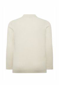 Pull en maille crème à manches longues avec une texture côtelée et un petit col rabattu, vu de dos.