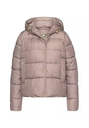 Kurtka puffer w jasnym taupe, z kapturem, zatrzaskami i pikowanym wzorem. Wykonana z gładkiego, lekkiego materiału; zawiera boczne kieszenie.