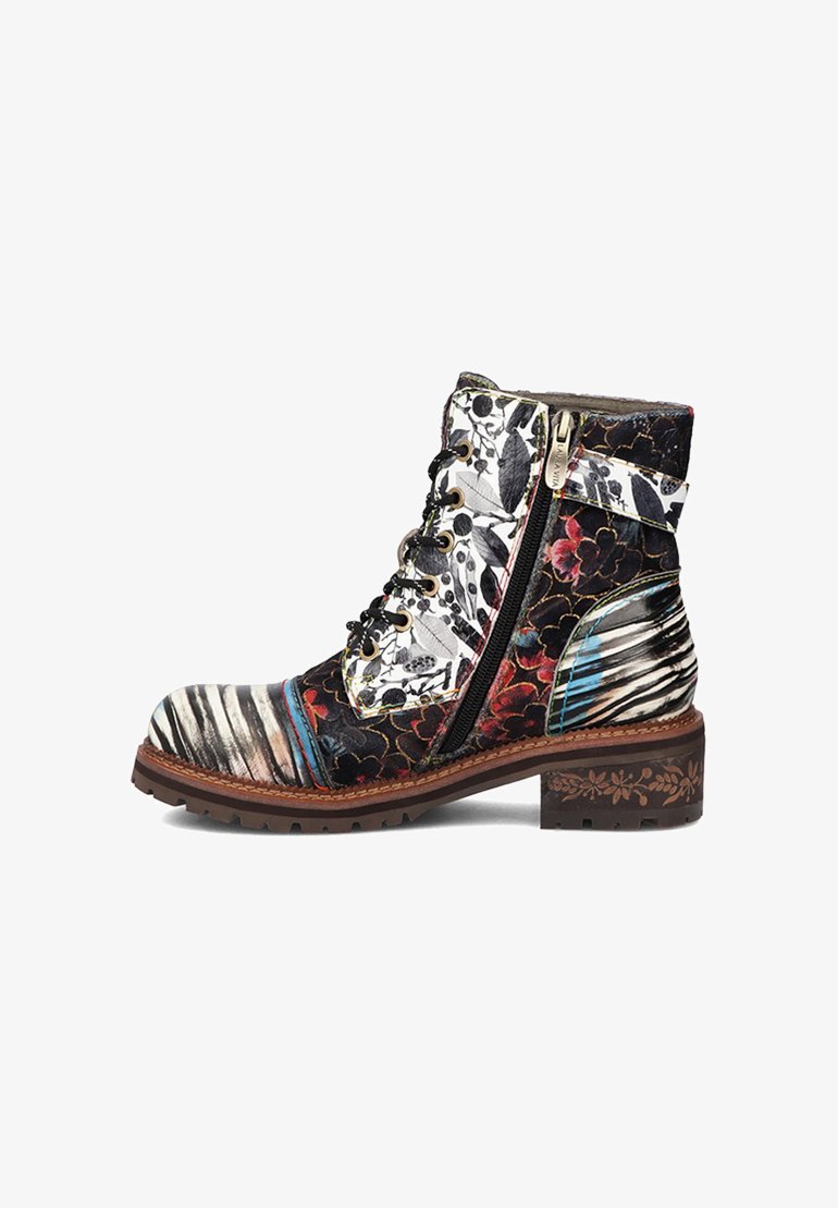 Botki za kostkę na sznurówki z mieszanymi wzorami, w tym kwiatowymi i w paski, w kolorach czarnym, białym, czerwonym i niebieskim, z solidną podeszwą.