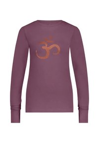 Langärmliges, lila Baumwollhemd mit einem kupferfarbenen Om-Symbol auf der Vorderseite. Glatte Textur mit Rundhalsausschnitt und taillierten Ärmeln.