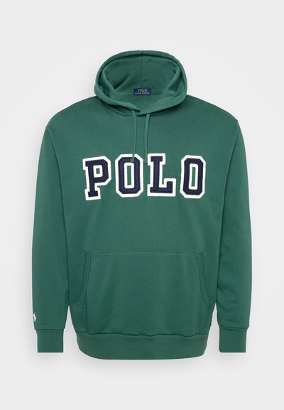 Πράσινη hoodie φτιαγμένη από μείγμα βαμβακιού, με μπροστινή τσέπη, ριμπ μανσέτες και ίσιο στρίφωμα, με το λογότυπο "POLO" σε λευκό και ναυτικό.