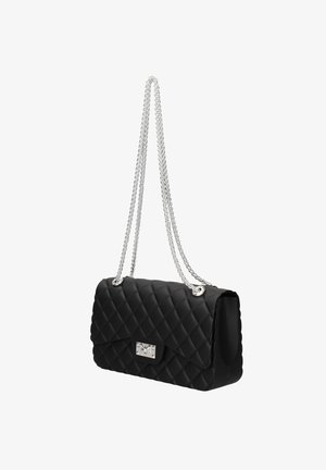 Black quilted shoulder bag with silver chain straps and a rectangular silver clasp on the front flap, shown against a white background.