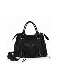 Sac à main en daim noir avec une forme structurée, deux poignées supérieures, une bandoulière amovible, une poche avant zippée et des détails en métal doré.