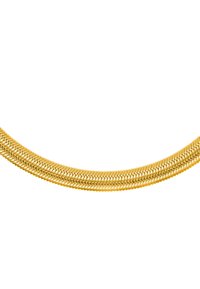 Collana in tono oro con maglie intrecciate, dotata di una finitura liscia e lucida. Design flessibile che si curva dolcemente, mettendo in risalto la sua texture brillante.