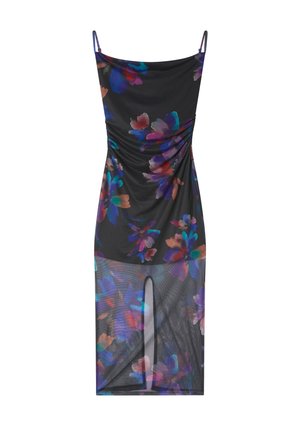 Abito nero con motivo floreale multicolore, con spalline sottili, un corpetto arricciato e un design trasparente con spacco all'orlo inferiore.