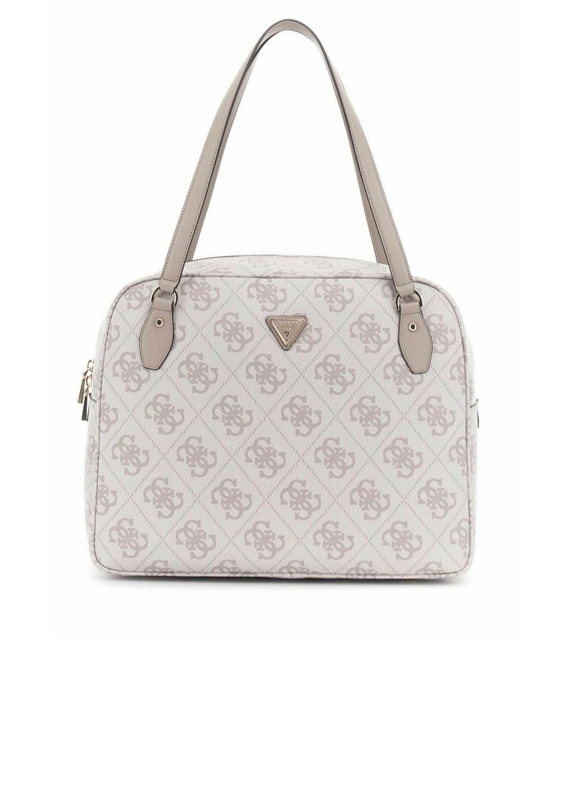 Sac à main de couleur claire avec un design à motifs au motif de diamant, des poignées en cuir lisse et un accent en forme de triangle.