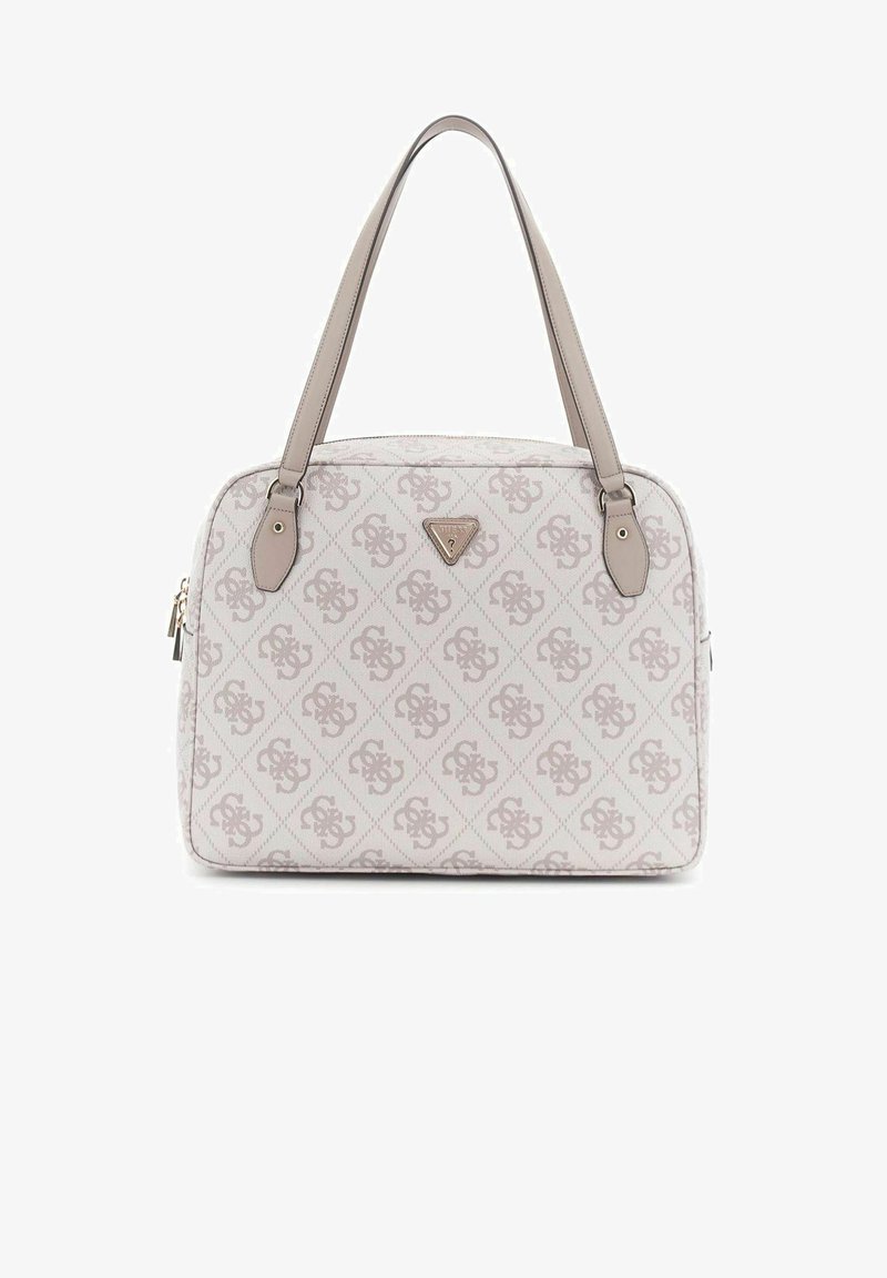 Sac à main de couleur claire avec un design à motifs au motif de diamant, des poignées en cuir lisse et un accent en forme de triangle.