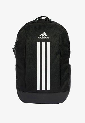 Black backpack with three white stripes, made of durable fabric, featuring a top handle and adjustable padded shoulder straps.