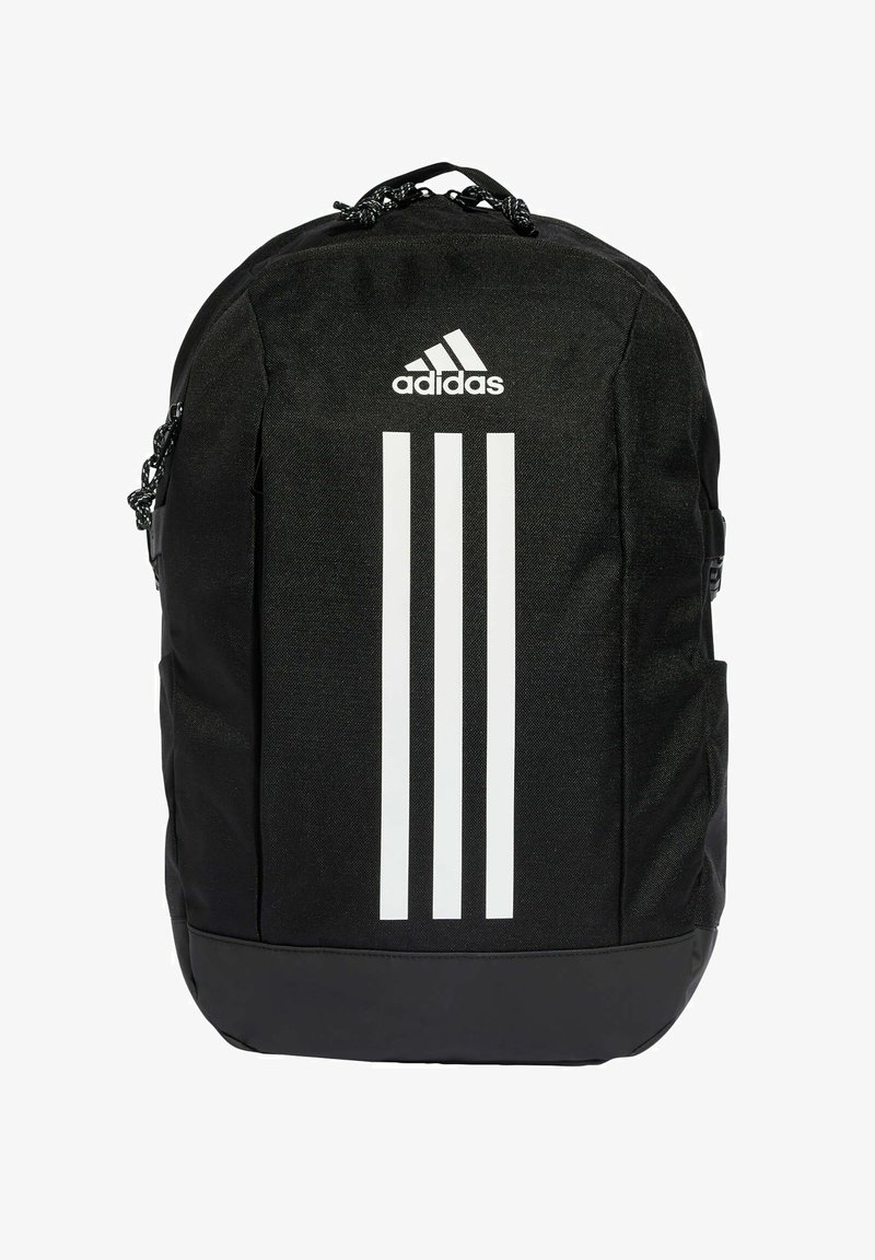 Black backpack with three white stripes, made of durable fabric, featuring a top handle and adjustable padded shoulder straps.