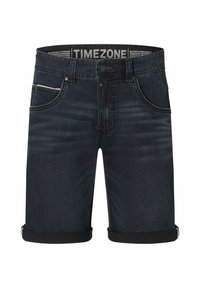 Dark blue denim shorts with a straight cut, featuring rolled cuffs, front pockets, and a waistband label reading "TIMEZONE."
