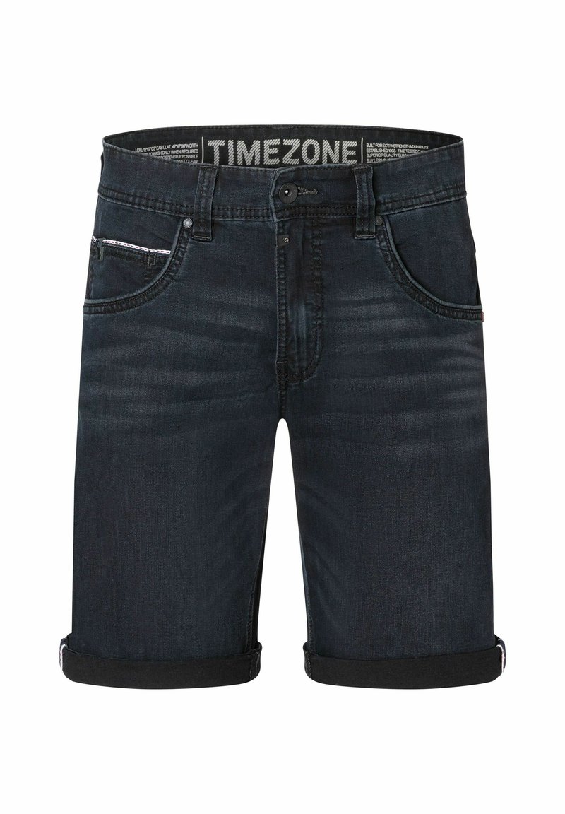Dark blue denim shorts with a straight cut, featuring rolled cuffs, front pockets, and a waistband label reading "TIMEZONE."
