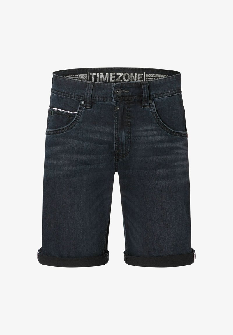 Dark blue denim shorts with a straight cut, featuring rolled cuffs, front pockets, and a waistband label reading "TIMEZONE."