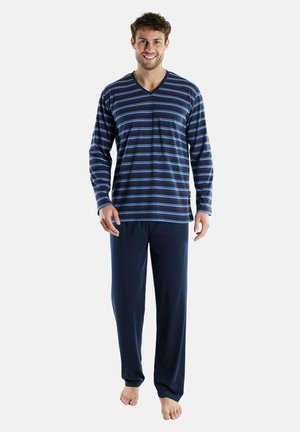 Navy striped pajama set, featuring a long-sleeve V-neck top and matching pants. Soft fabric with horizontal blue and light blue stripes.