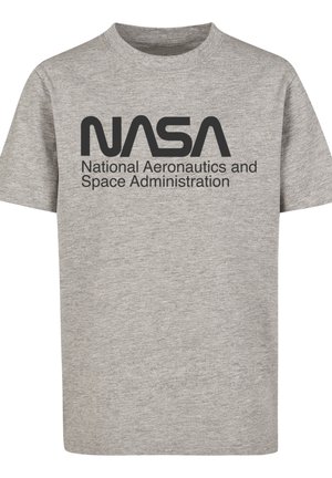 Graues Baumwoll-T-Shirt mit dem schwarzen Schriftzug "NASA" und "National Aeronautics and Space Administration" auf der Vorderseite.