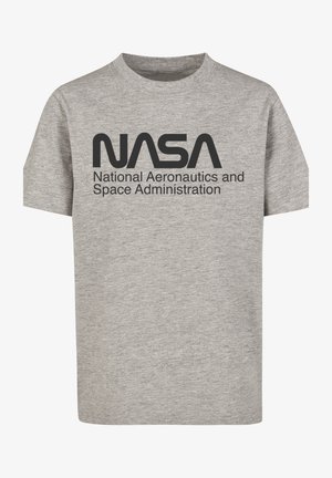 Graues Baumwoll-T-Shirt mit dem schwarzen Schriftzug "NASA" und "National Aeronautics and Space Administration" auf der Vorderseite.