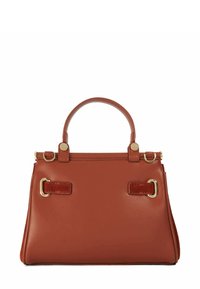 Brown leather handbag with short handles, gold hardware accents, and side straps. Smooth texture with structured rectangular shape.