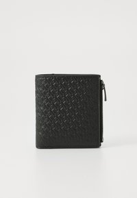 Black wallet featuring a textured pattern, a zip-around closure, and a rectangular shape, crafted from a synthetic material.